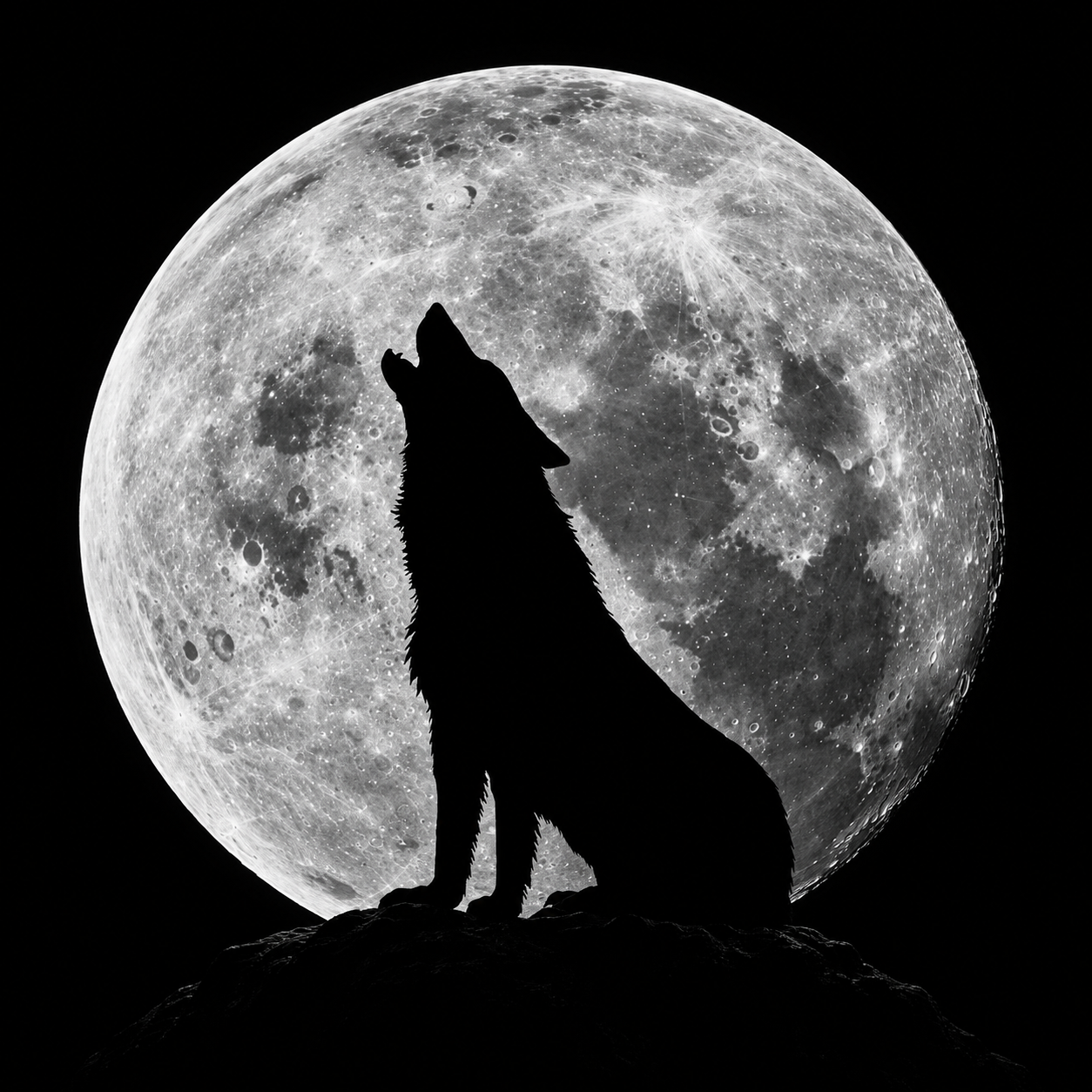 A lone wolf howling before a full moon